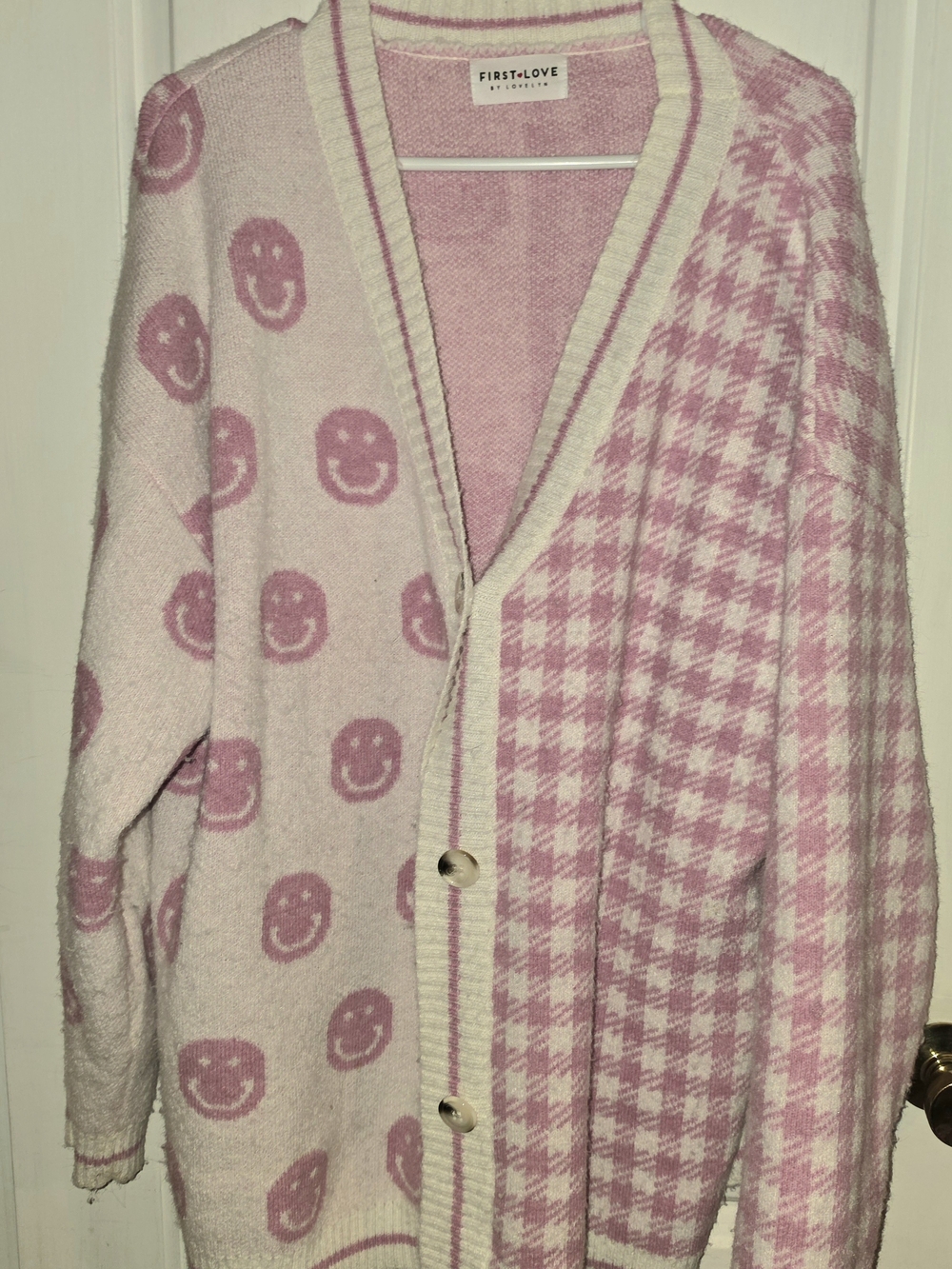 First Love Pink & Cream Smiley Houndstooth Button Cardigan
